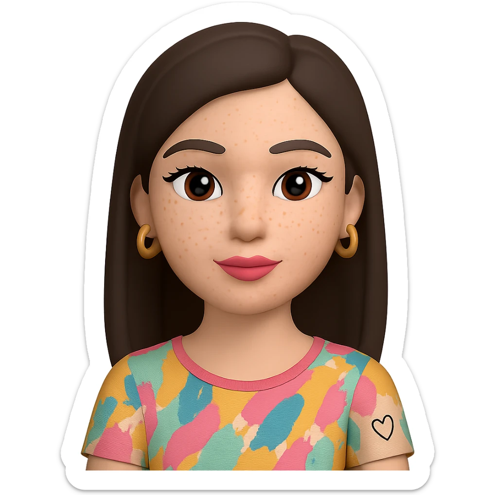 Change the skin to white, add freckles on the cheeks and nose, and ensure the hair is straight, keeping the rest the same. The subject is a female Memoji with an oval face, elegant makeup, long dark brown hair, colorful top, and a small visible tattoo on the arm. Maintain the transparent background. sticker