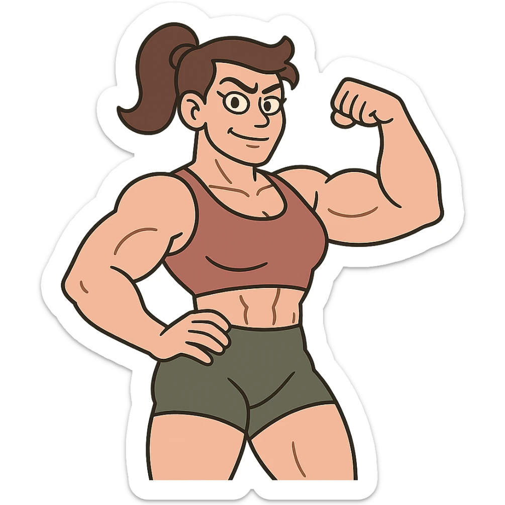 muscular woman, cartoon style, strong pose sticker