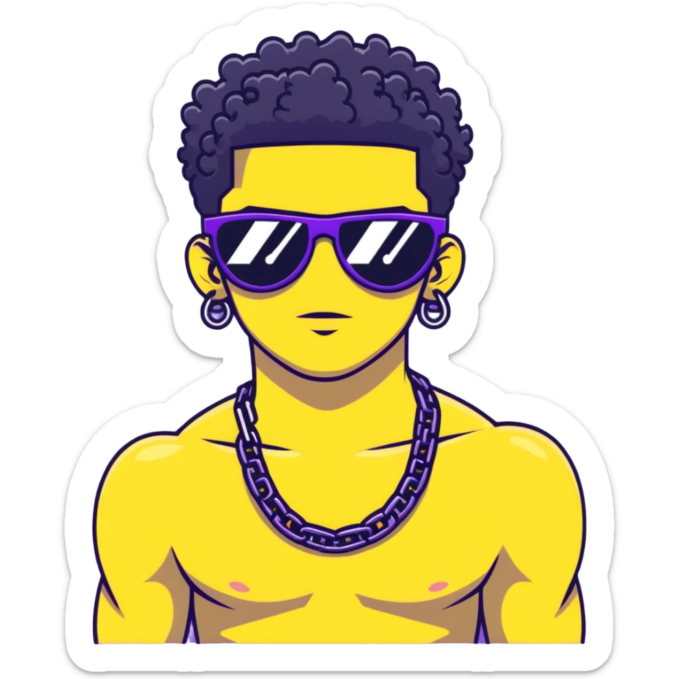 shirtless male athlete with white skin and moderately curly black hair on top with shaved sides, wearing purple sunglasses with black tinted lenses and a plain black chain necklace without pendant sticker