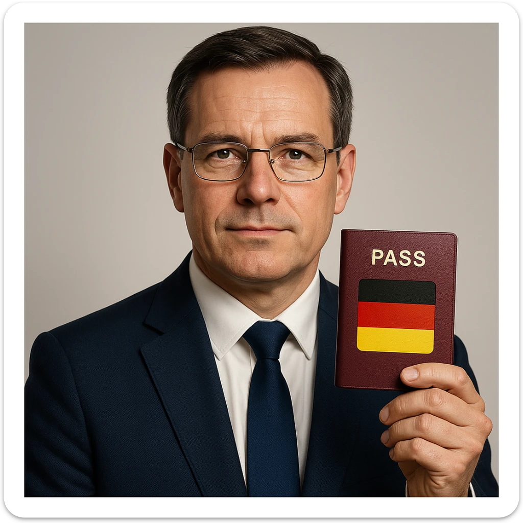 realistic portrait of a trustworthy and official looking person with a passport and German flag, app icon style sticker