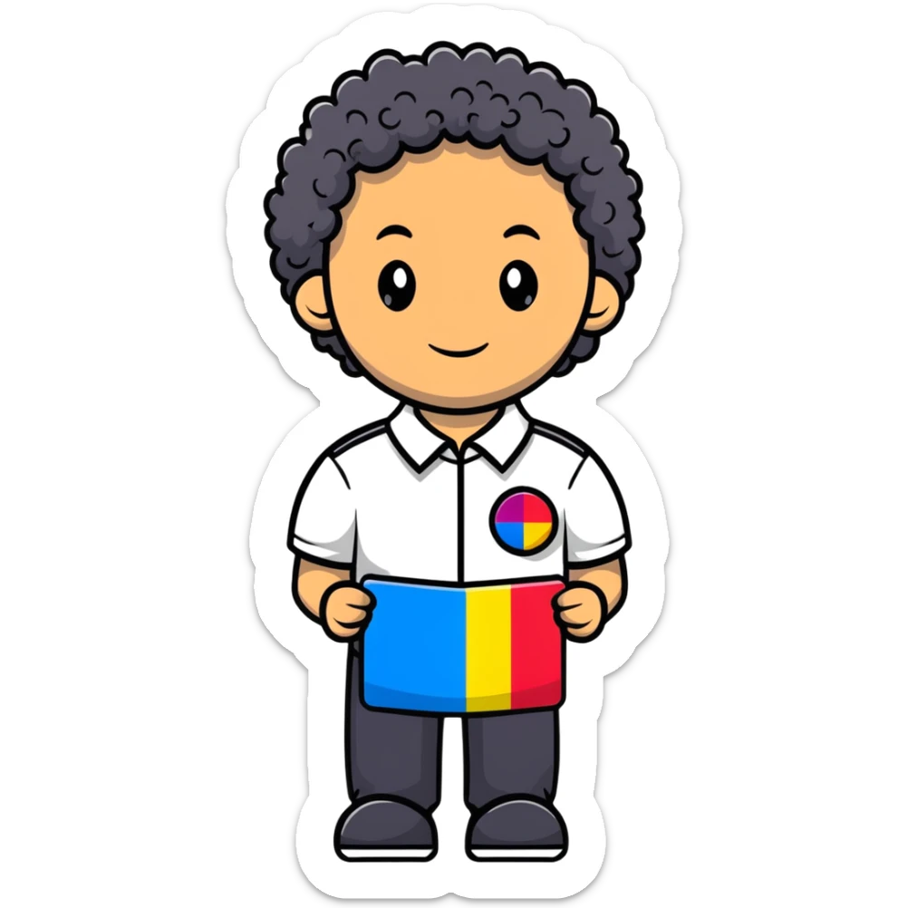 Guy with curly hair with a name tag saying bishop. In his shirt is a rainbow flag sticker