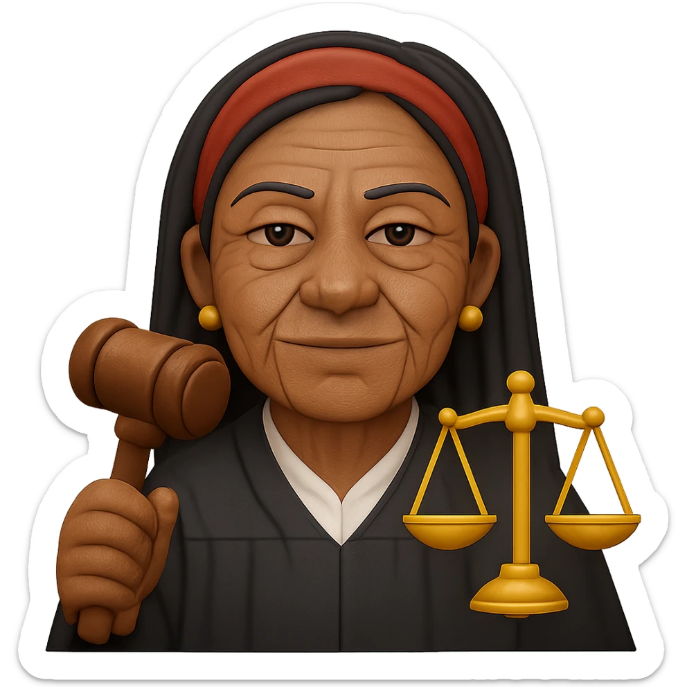 Make the Black woman lawyer look older, with visible signs of age and a wise, confident expression. Keep the long black hair, red headband, and strong, sharp personality. Render in emoji style with transparent background. sticker