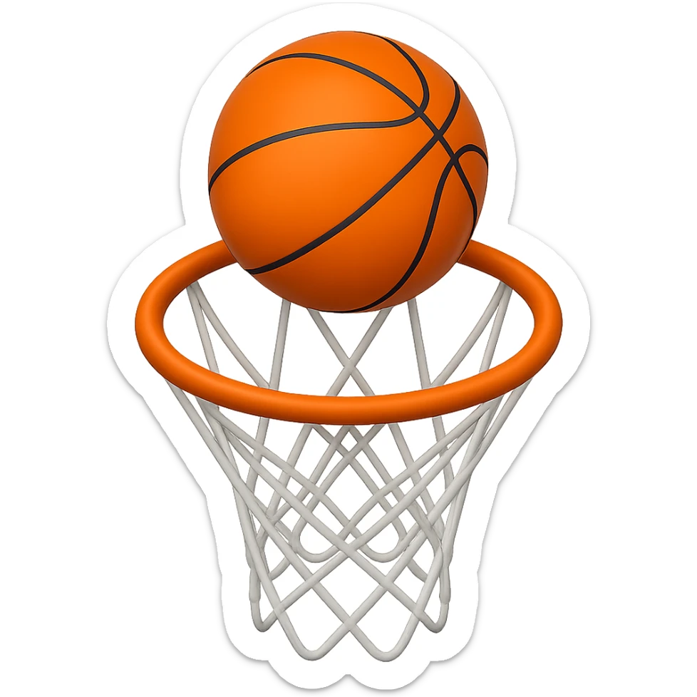 Change the perspective to be from the top of the key, with the basketball about a foot off the rim, in the style of apple emojis, keep the background transparent. sticker