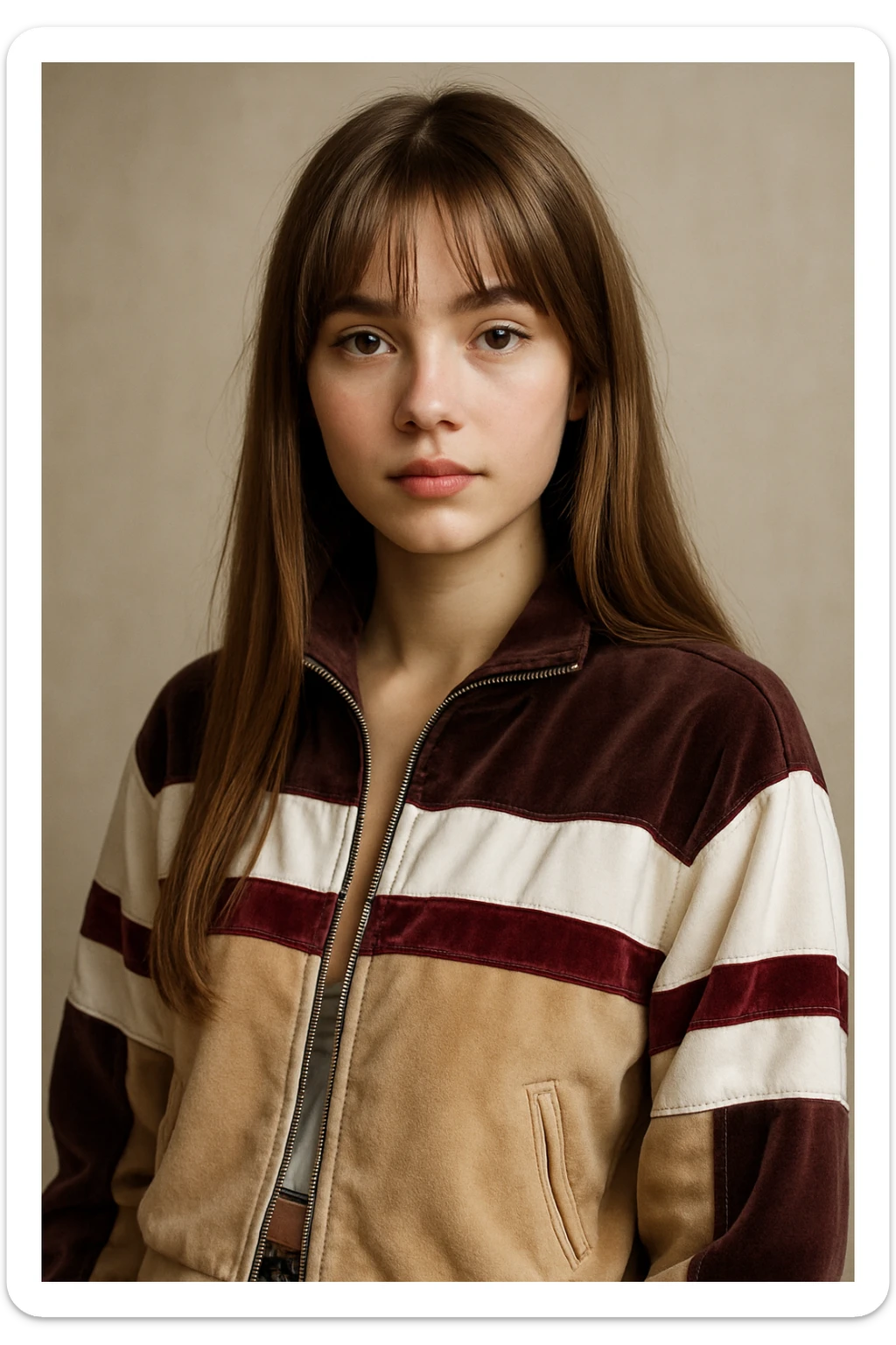 light fair skin girl with straight long light brown hair and curtain bangs, dark brown almond eyes, wearing a Y2K style jacket, detailed, trendy, realistic portrait sticker