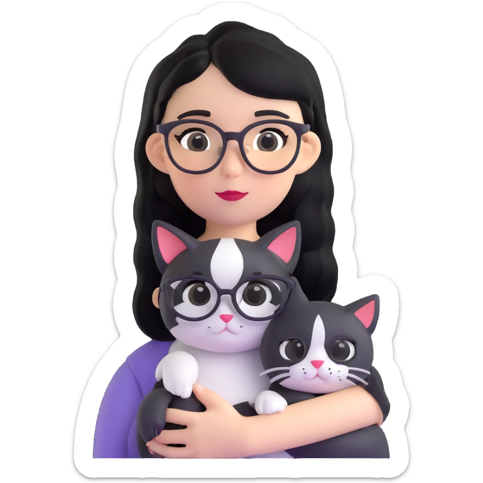 Girl with black hair wearing glasses holding a black and white cat sticker