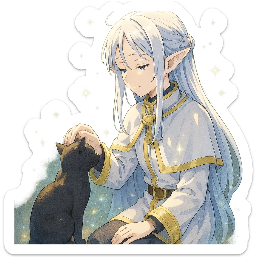 Frieren from Frieren: Beyond Journey's End, petting a black cat, anime style, magical atmosphere sticker