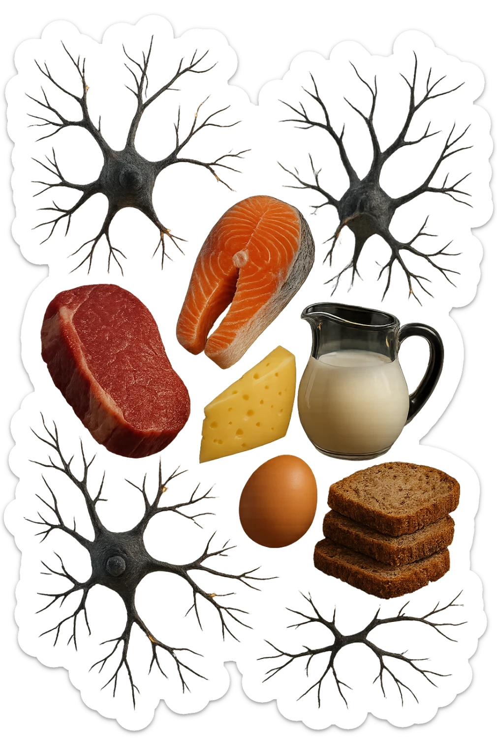 carne, pesce, uova, latticini, cereali integrali fluttuano in aria insieme a neuroni umani anatomici realistici, iperrealistici 4k sticker