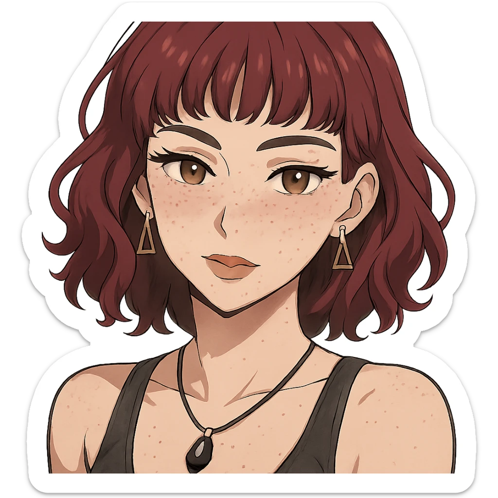 white woman with freckles, teardrop nose piercing, wavy wine-colored hair to shoulders, short bangs, triangular earrings, black stone necklace, tank top, thick eyebrows, large brown eyes, adult anime style, sensual sticker