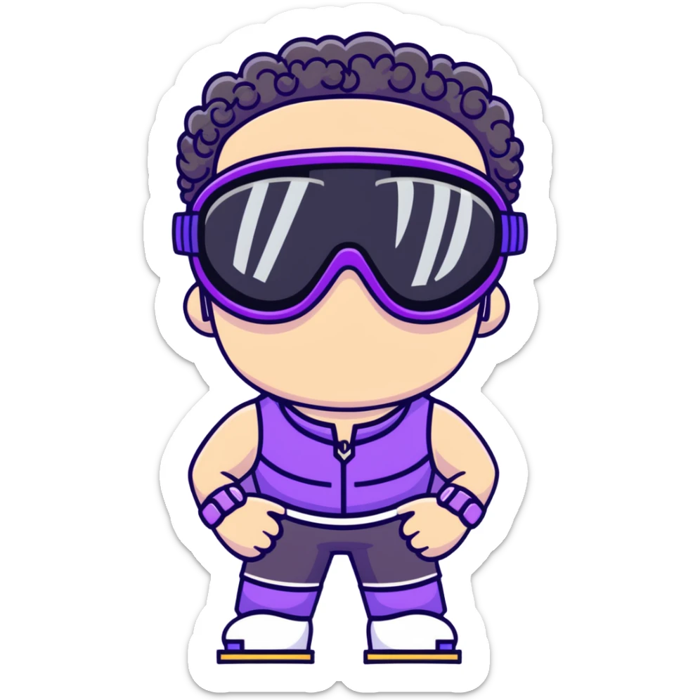 male athlete with white skin and moderately curly black hair on top with shaved sides, wearing ski goggles with purple frames and very dark black lenses, a simple plain black chain necklace, and an open shiny purple vest showing his chest and abs, no earrings sticker