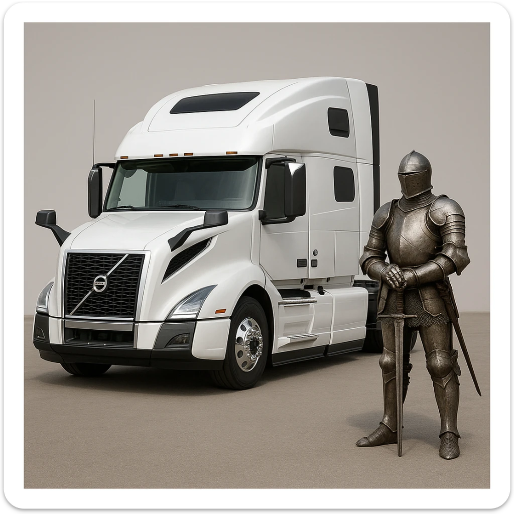 a knight standing next to a white 2022 Volvo semi sleeper truck, detailed, modern, clean background sticker