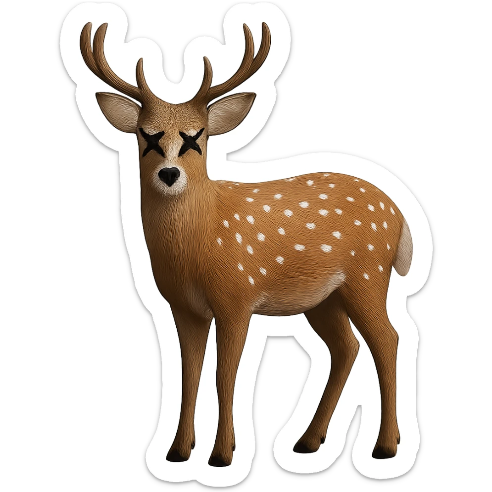 Overlay cartoon X's on the eyes in the exact same style and position as the deer image, referencing the deer for the X style. Keep everything else 100% identical—pose, style, lighting, and details. Make the background transparent. sticker