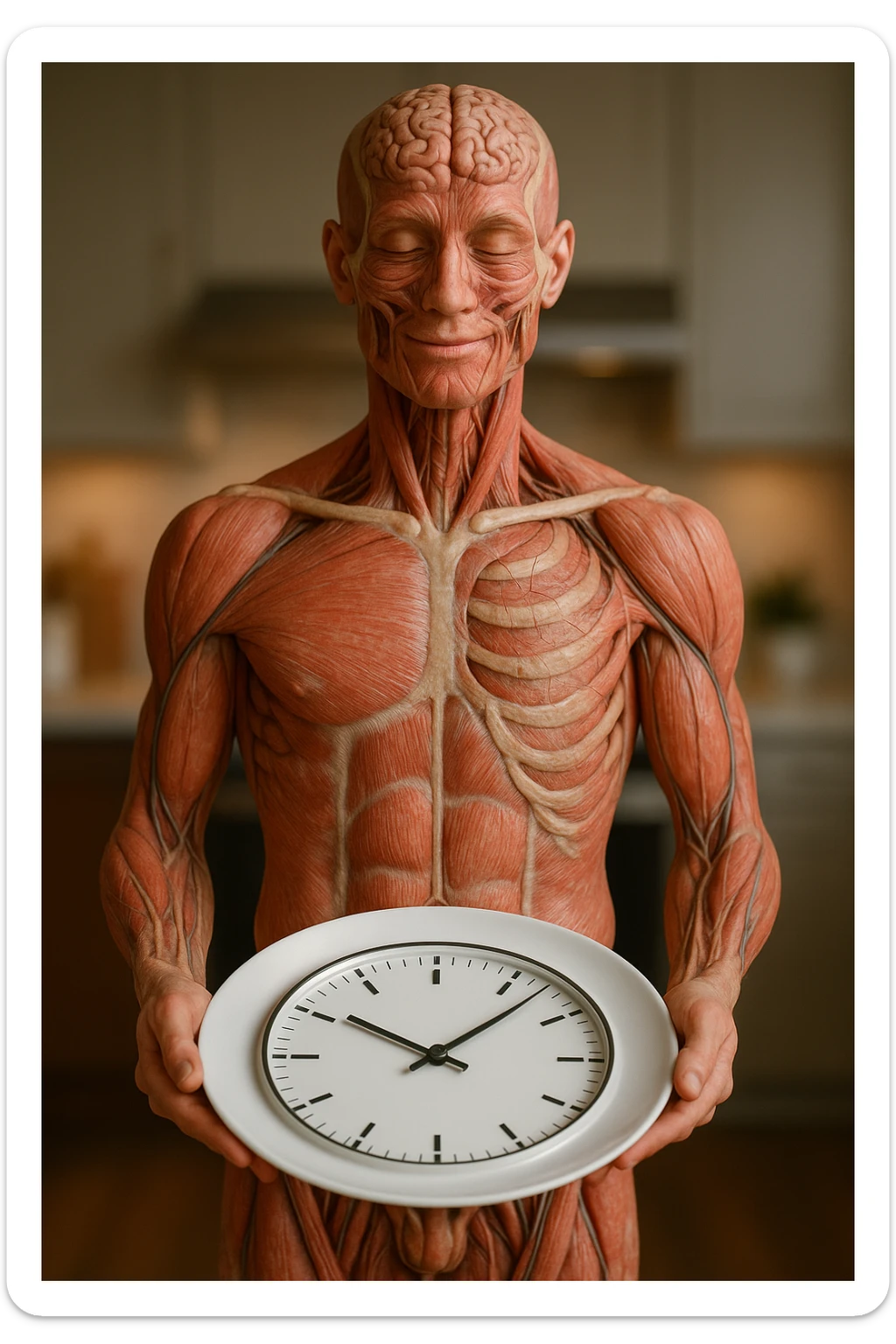 corpo umano anatomico, che tiene in mano un piatto bianco con la lancette di un orologio sopra, figura visibile fino ai fianchi, espressione del volto soddisfatta, sullo sfondo la sua cucina sfocata, iperrealistico 4k sticker