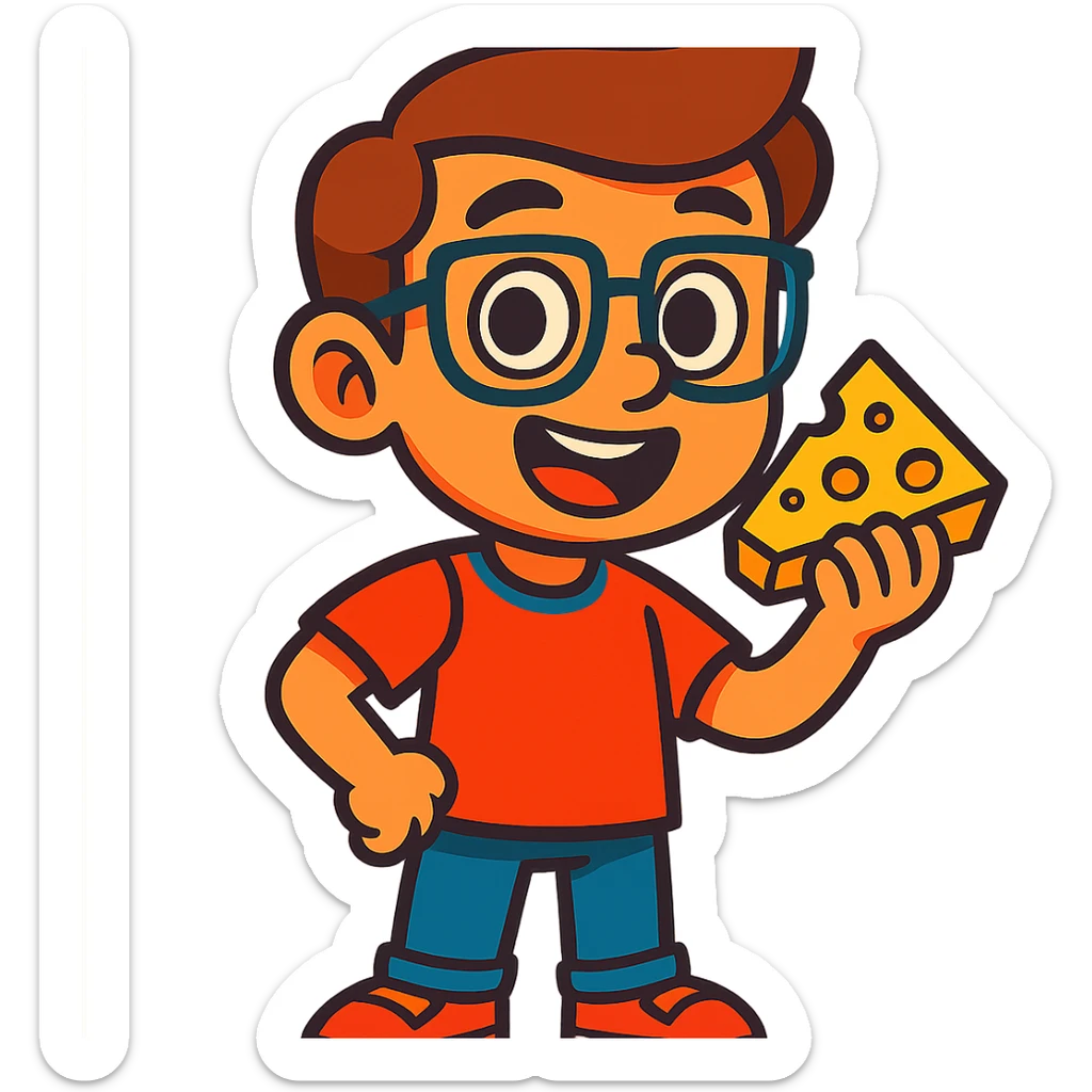 cartoon boy with brown hair, brown eyes, glasses, holding a piece of cheese, vibrant toon style sticker