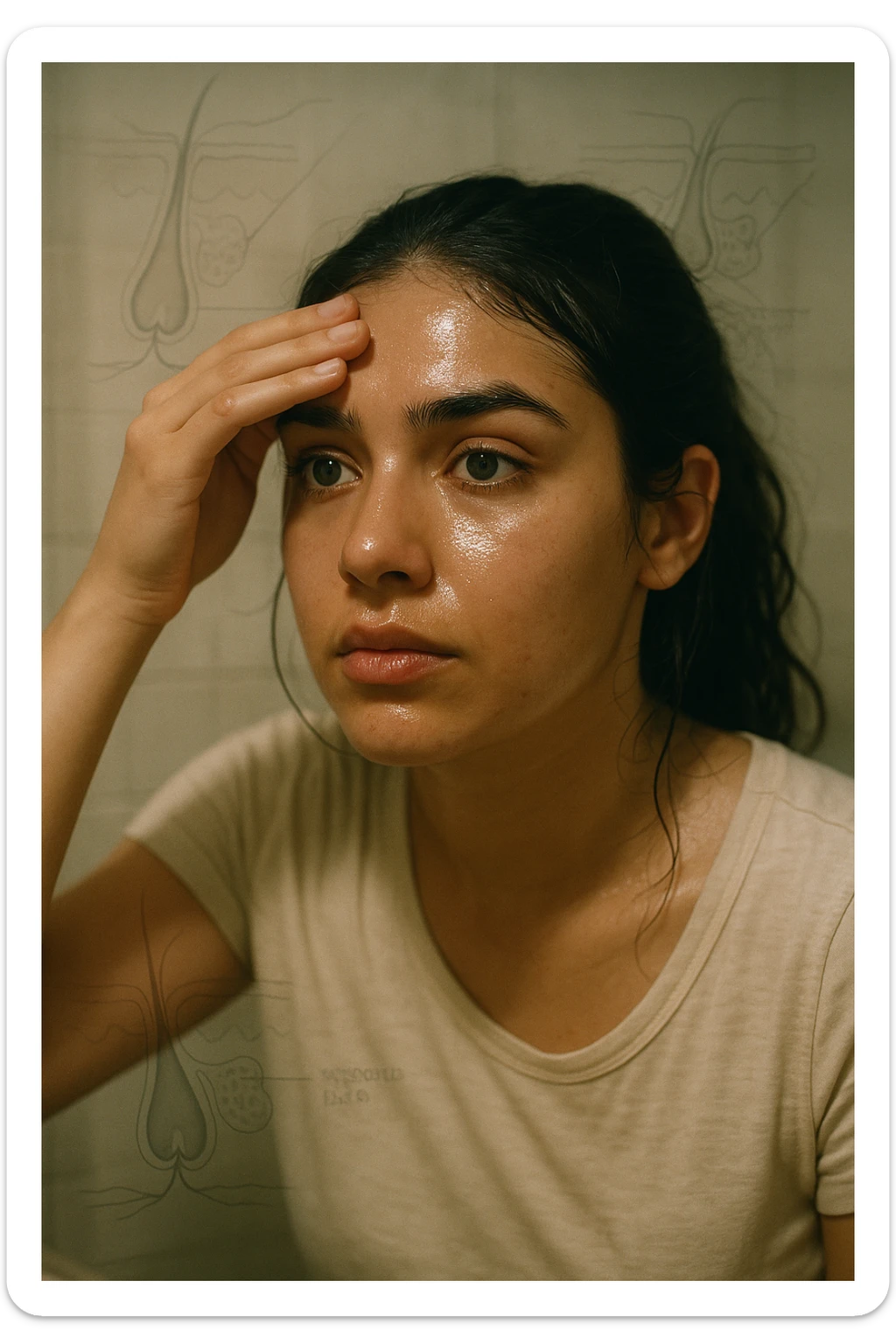 A realistic, cinematic portrait of a young woman in her late 20s with medium skin tone, sitting in front of a mirror in a softly lit bathroom. Her facial skin appears oily with a noticeable shine on her forehead, nose, and cheeks due to overactive sebaceous glands caused by PCOS. Small acne spots are visible along her jawline and chin, highlighting hormonal imbalance. She gently touches her forehead with her fingertips, checking the oiliness with a slightly concerned expression. Her dark hair is tied loosely, showing a few strands sticking to the sides of her face because of excess sebum. Subtle overlays of scientific diagrams of sebaceous glands can be softly blended into the background, symbolizing the overproduction of sebum. The atmosphere is clean and realistic, with warm daylight tones and a soft depth of field, ensuring emotional connection while maintaining medical educational value. 35mm film style, highly detailed skin texture and reflections on the oily areas for a hyperrealistic effect in italiano sticker