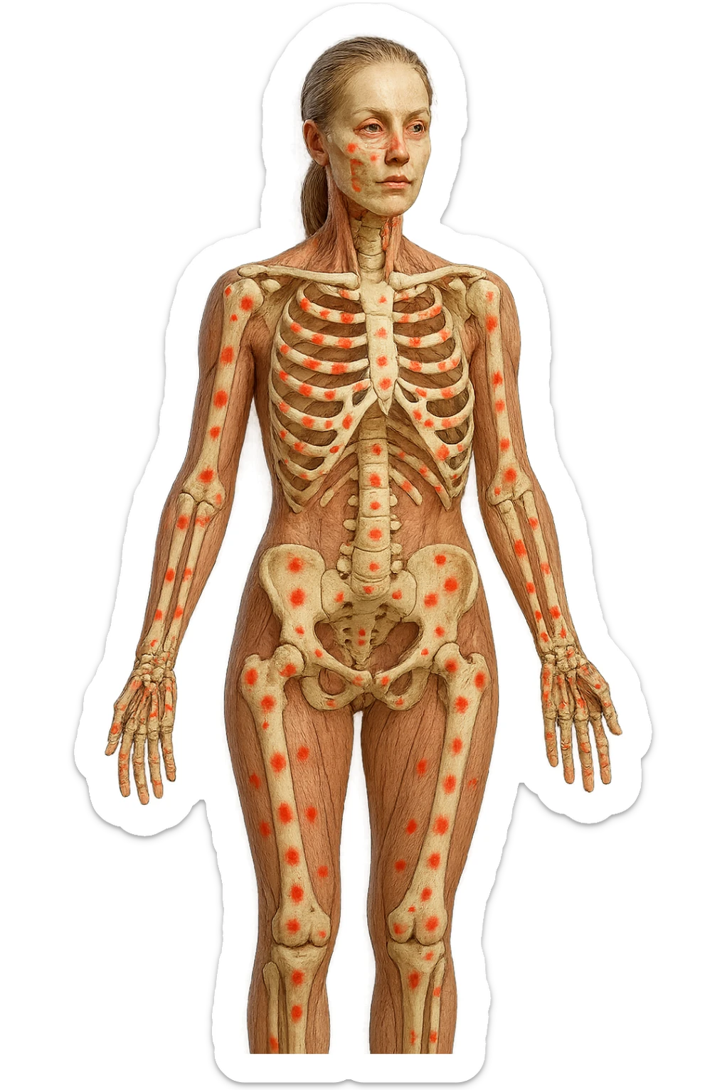 corpo umano anatomico di una donna affetta da fibromialgia, red spot sparsi sulle sue ossa, iperrealistica 4k sticker