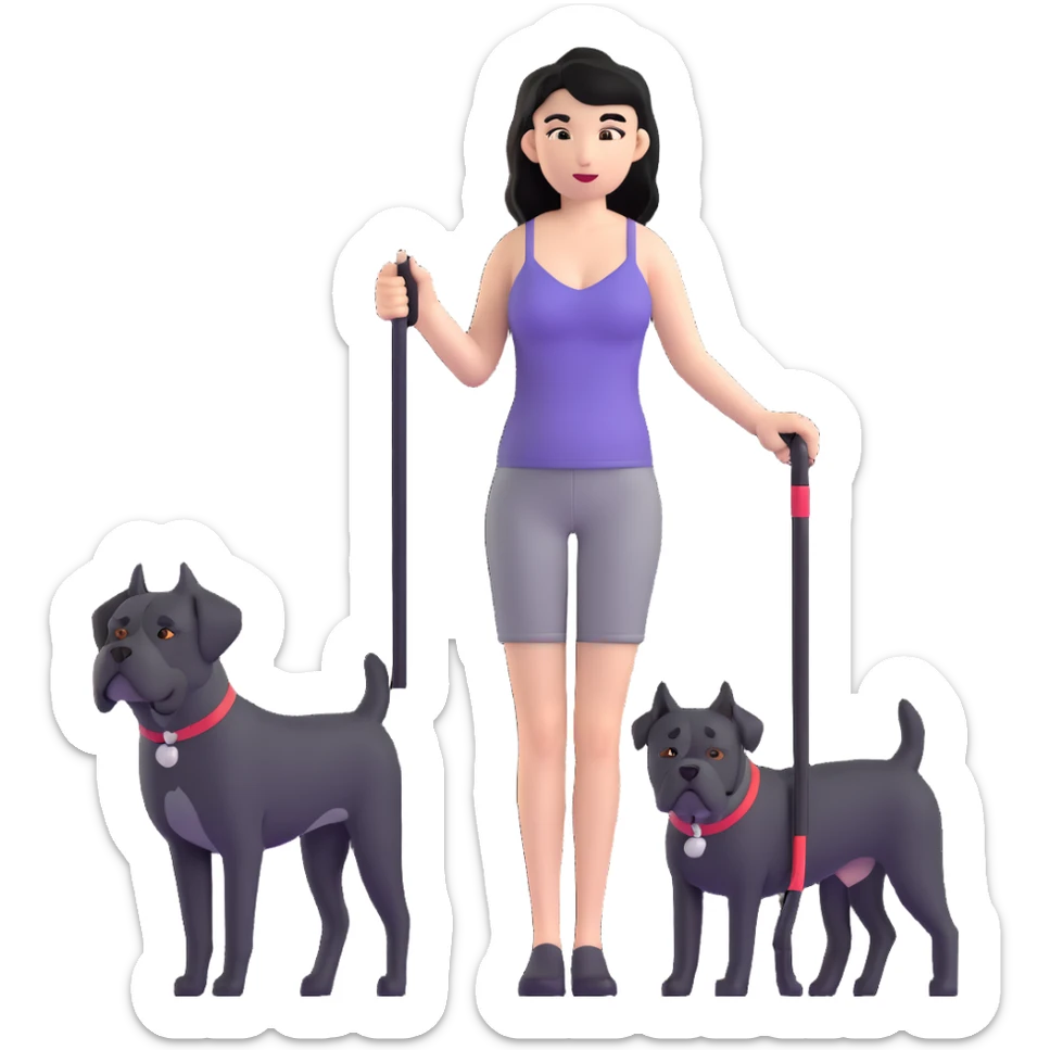 Woman with long black hair wearing spaghetti strap top holding a black Cane Corso dog with cropped ears and short tail sticker
