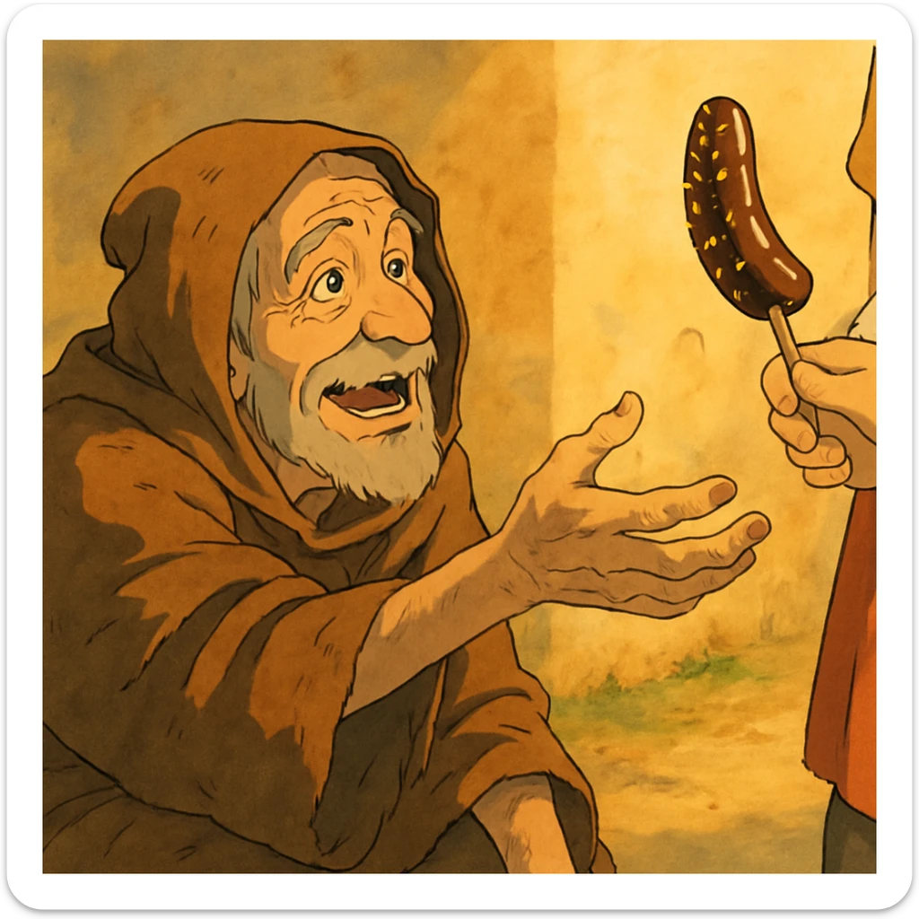 ghibli style illustration of a beggar reaching for a chocobanana, warm and expressive sticker