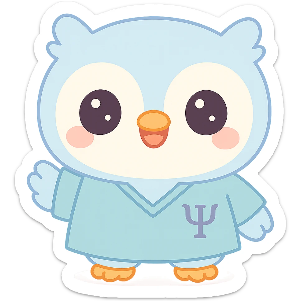 Make the baby owl wearing a bluish psychology scrub look more commercial and attractive to attract clients: add a big smile, bright and expressive eyes, friendly posture, and welcoming gesture, in a kawaii style, transparent background. sticker