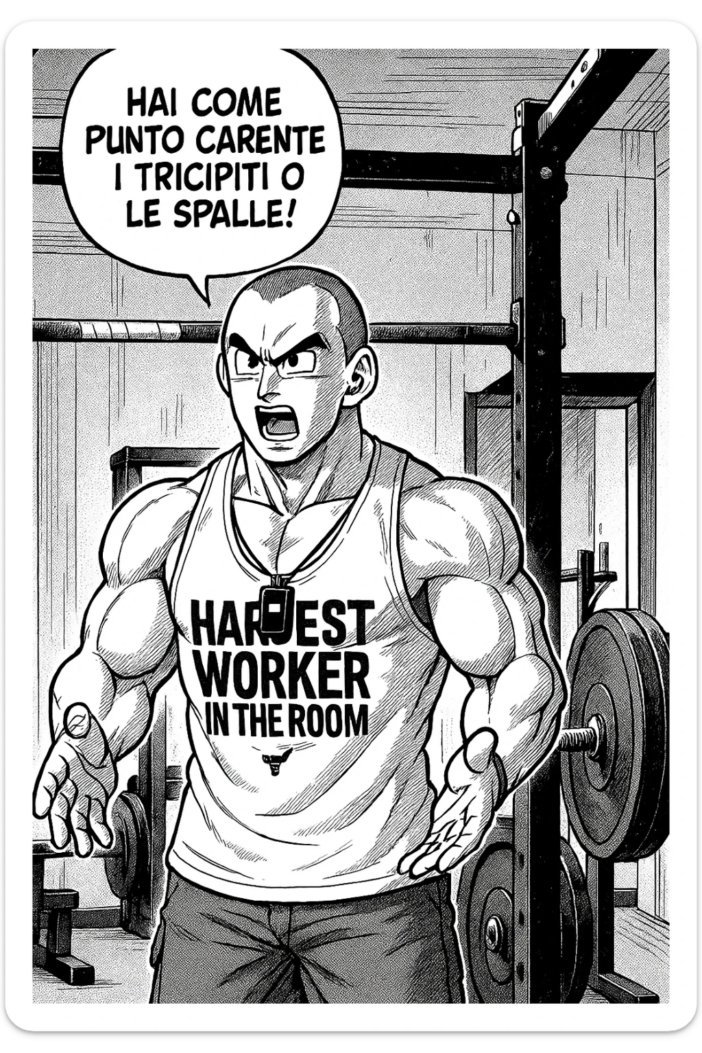 Personal trainer che dice al suo allievo, "hai come punto carente i tricipiti o le spalle!" Stile manga di Dragon Ball sticker