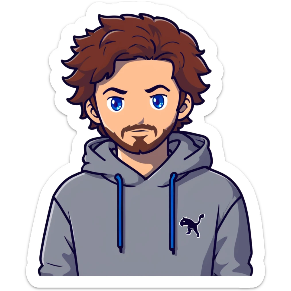 Adult male with blue eyes and redish brownish messy hair and trimmed facial hair wearing a gray puma hoodie sticker