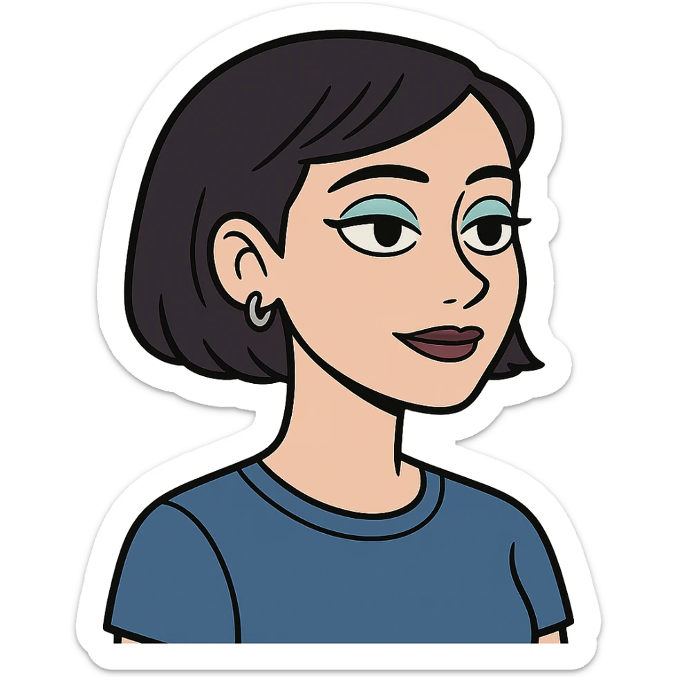 profile picture of a 22-year-old girl with short hair, cool tone makeup, blue shirt, flat toon style sticker