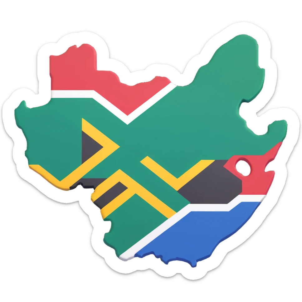 Create a 3D style image of the map outline of South Africa with the South African flag applied on it. Ensure the black color of the flag is vivid and clearly visible, maintaining the flag's distinct colors and shapes on the map contour. sticker