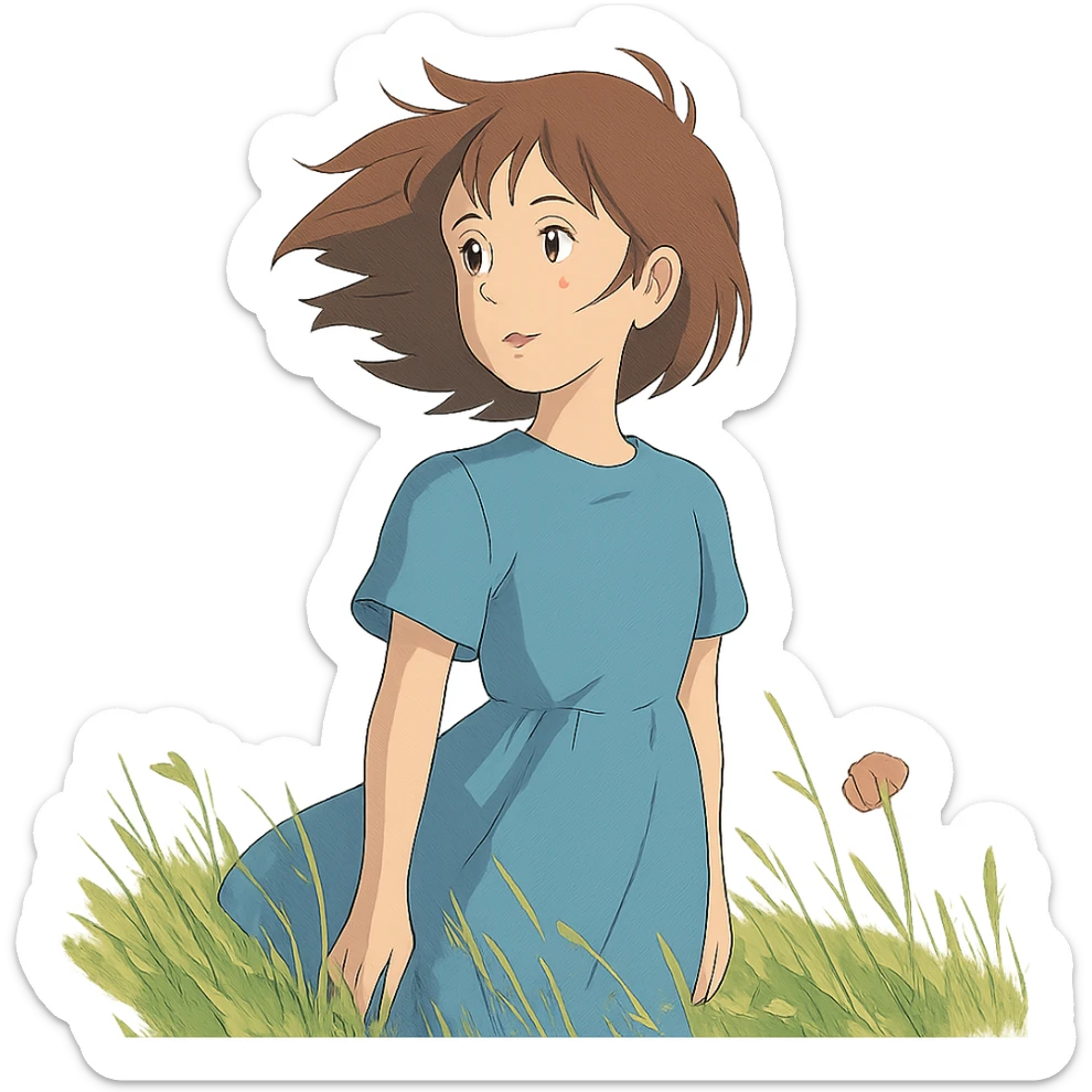 young girl with wind-blown hair standing in a field, ghibli style sticker
