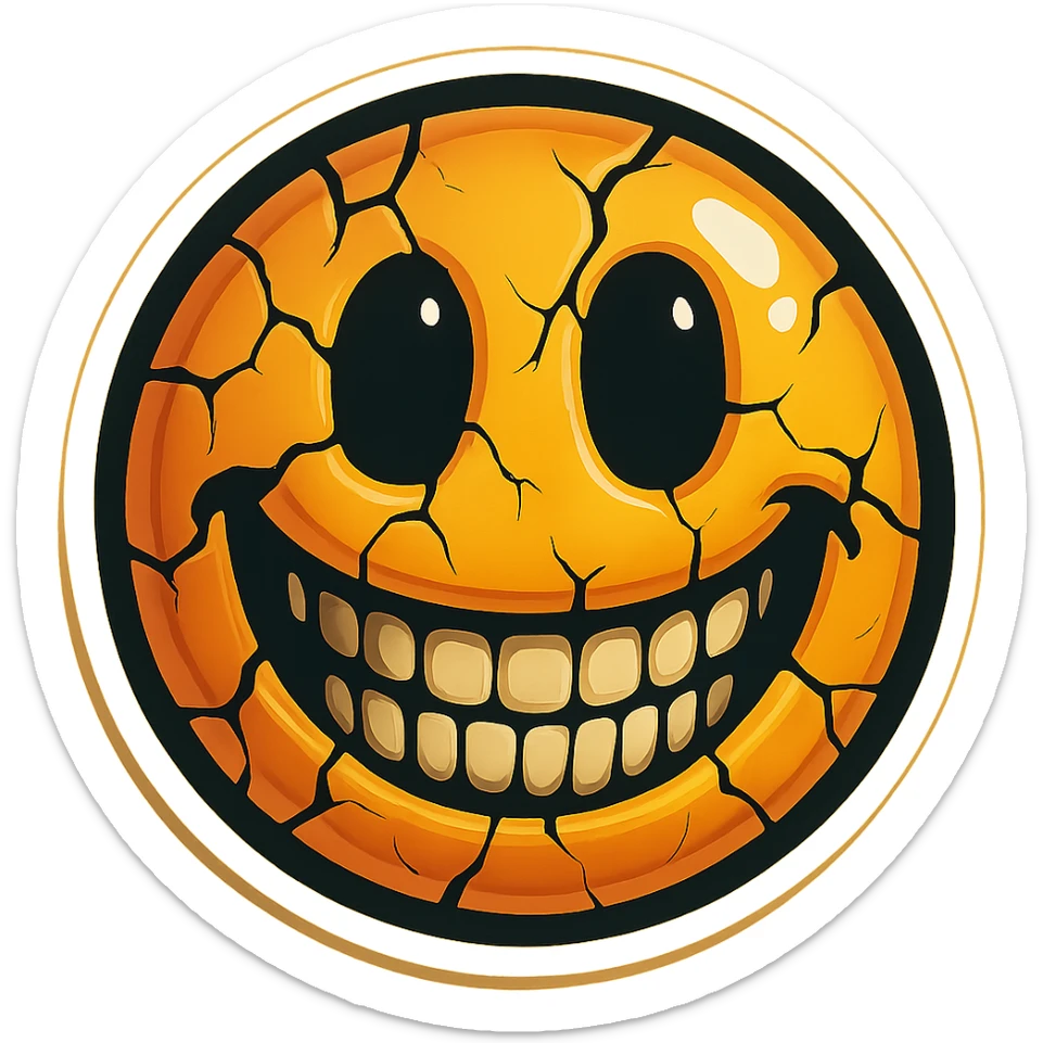 Create a creepy emoji with a wide smile, cracks, and a face similar to the reference image. Use retro stickers style with sharp black outlines, distinct shadows and highlights, no gradients, only clear color transitions, and a highly vectorized drawing style suitable for easy SVG conversion. sticker