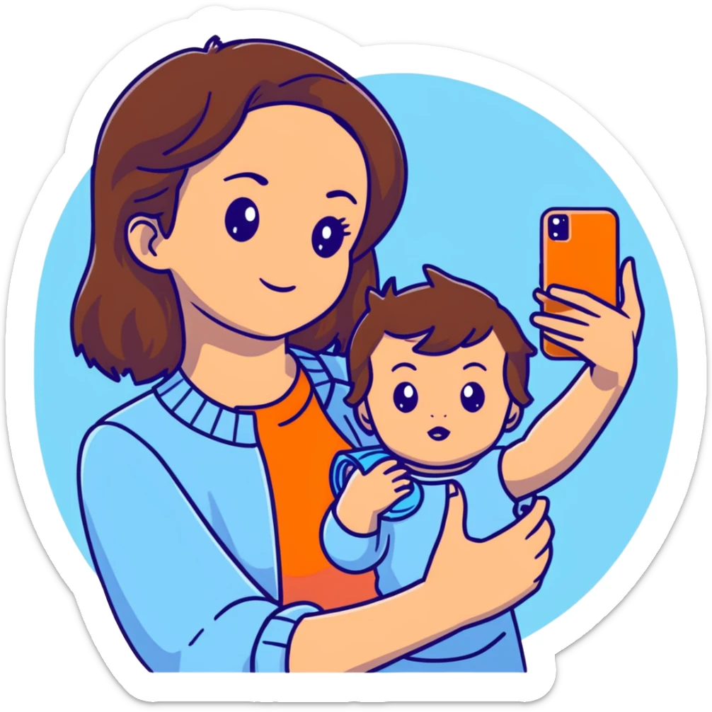 brunette girl with brown hair wearing pastel blue clothes holding a baby and taking a selfie sticker