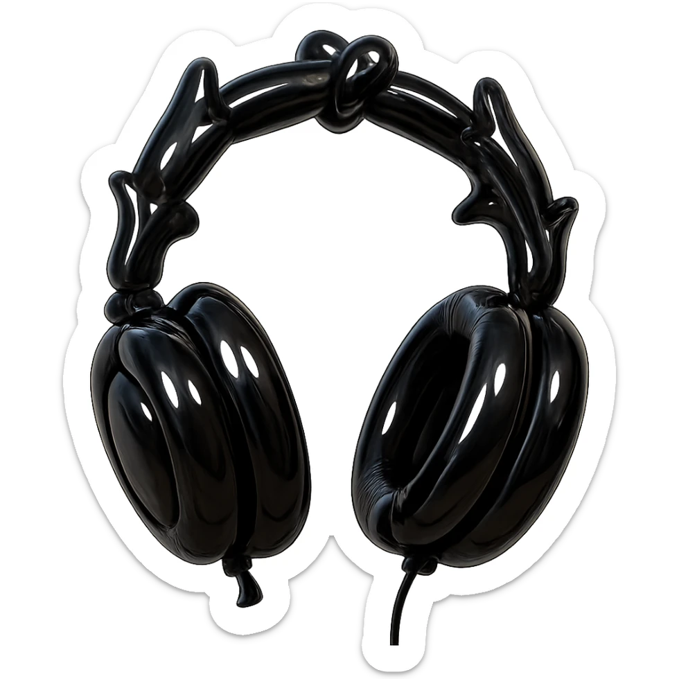black gothic headphones with inflated gothic shapes and shiny black material in balloon style sticker