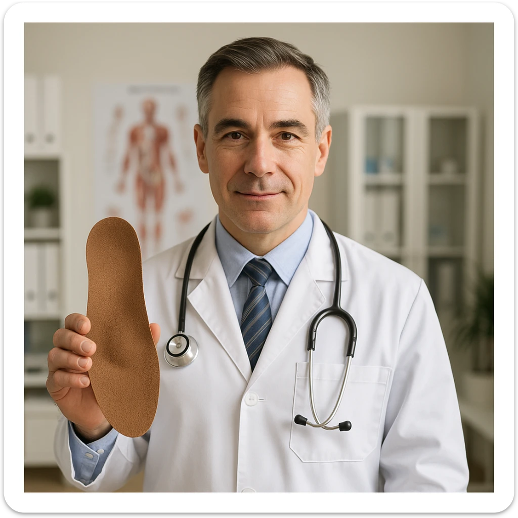 realistic orthopedic doctor in white coat showing an orthopedic insole, medical office background sticker