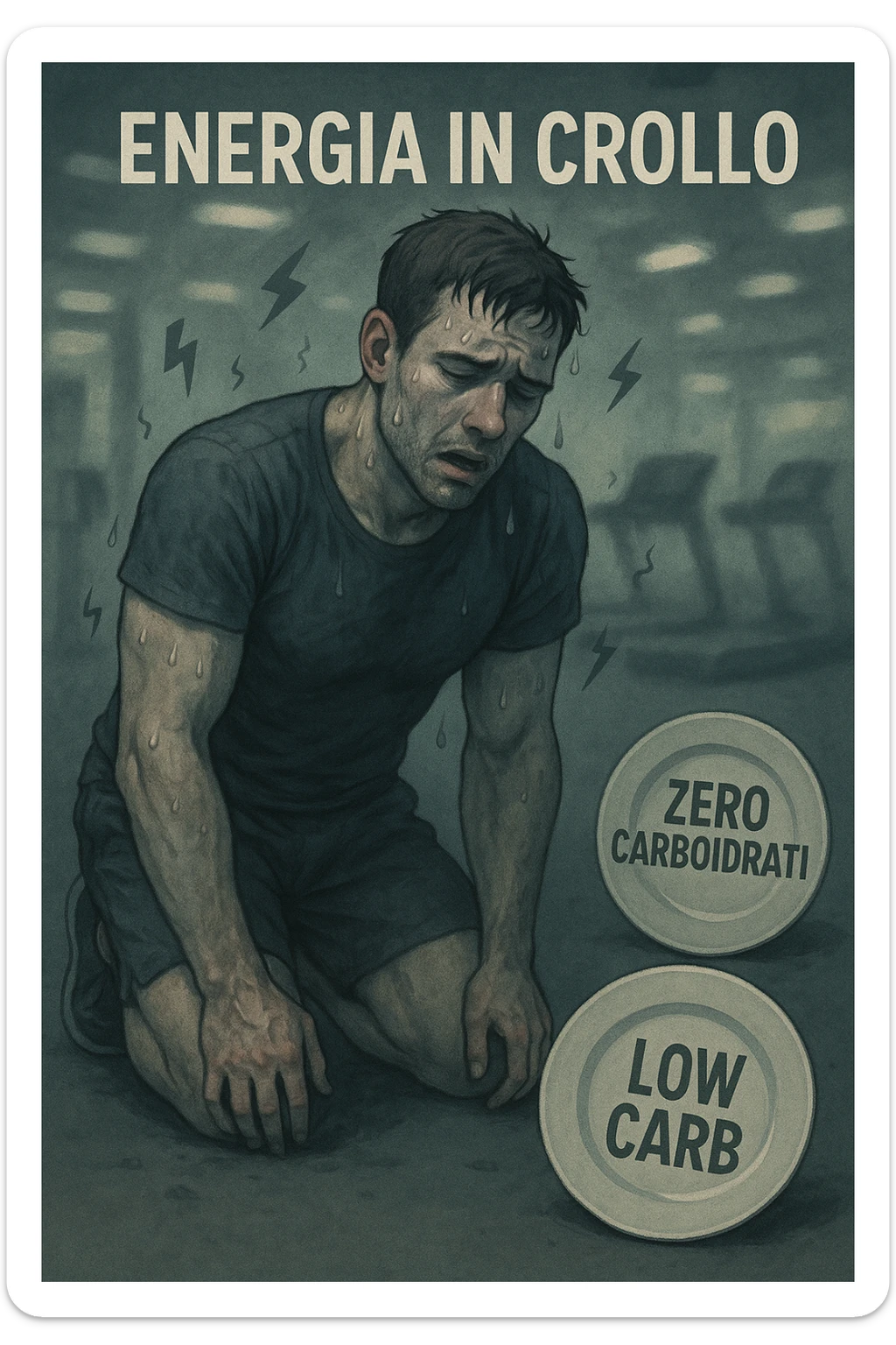 Uomo sportivo sui 30 anni in palestra, inginocchiato, esausto, con il volto sudato e un’espressione di forte stanchezza. Le luci della palestra sembrano sfocate, a simboleggiare confusione mentale. Accanto a lui, piatti vuoti con scritte tipo 'zero carboidrati', 'low carb'. I muscoli appaiono sgonfi e senza tono, mentre piccoli simboli di energia (come fulmini grigi spenti) si allontanano dal suo corpo. In alto, la scritta 'Energia in crollo'. Atmosfera spenta, colori freddi, sensazione di vuoto e affaticamento. in italiano sticker