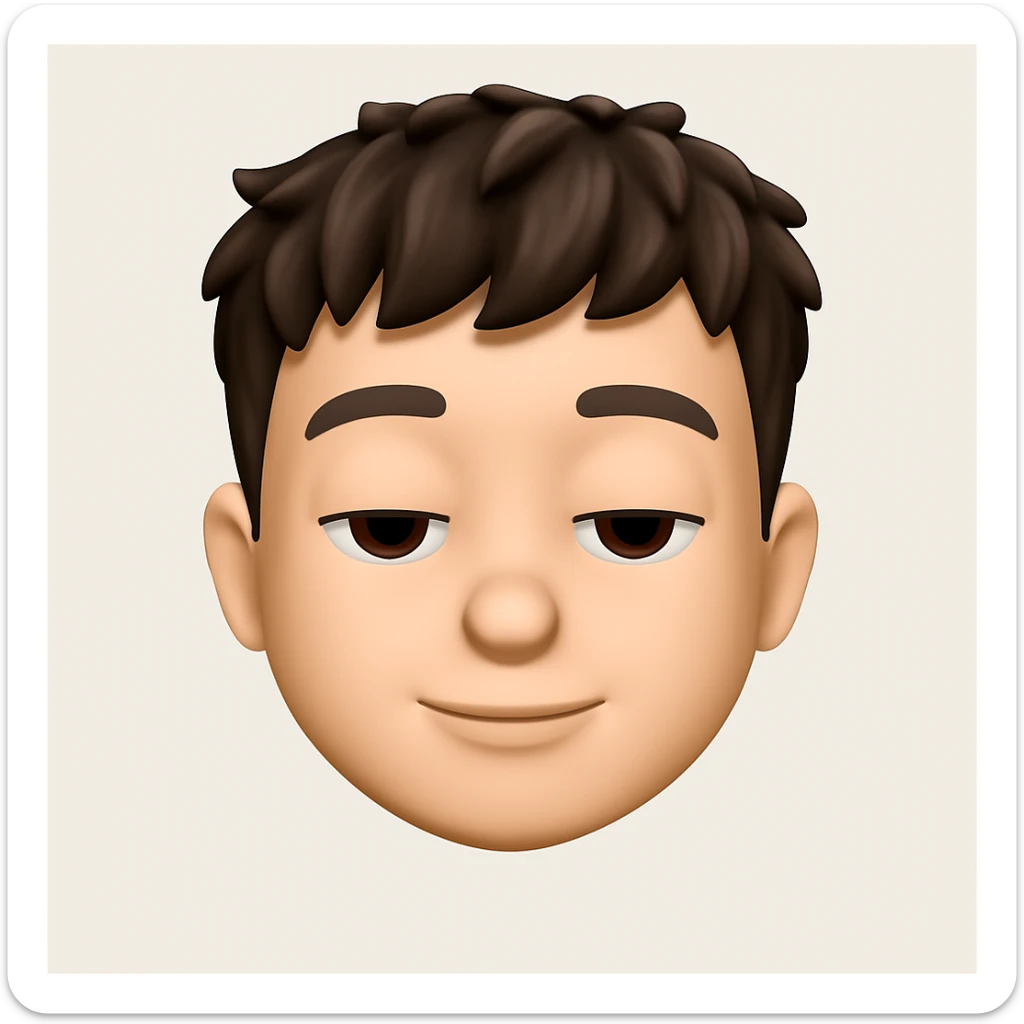 Create a 3D emoji in the style of Apple Memoji featuring a human face with a calm and relaxed expression. The face should have large soft eyes that are half-closed, a slight neutral smile, and smooth facial shapes. The style should reflect the 3D Apple Memoji look with smooth and friendly features. sticker