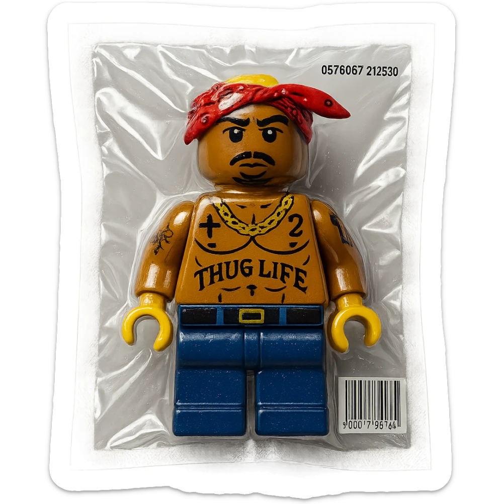 Lego minifigure styled as 2Pac (Tupac Shakur), with bandana, tattoos, and iconic look, glossy and puffy sticker