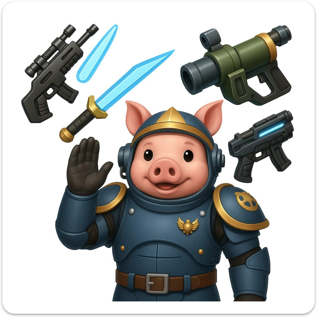 Add more sci-fi weapons to the pig Helldiver, such as futuristic rifles, energy swords, or grenade launchers, in the style of emoji (apple style emojis). sticker