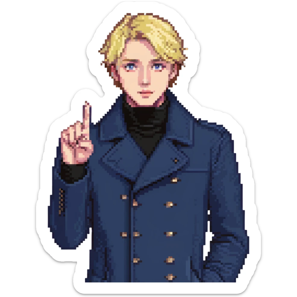 Flat pixel art, bold and charismatic male leader, Caucasian, short neat blonde hair, sharp eyes, indigo coat over black turtleneck, one arm raised pointing out, waist-up, front-facing sticker