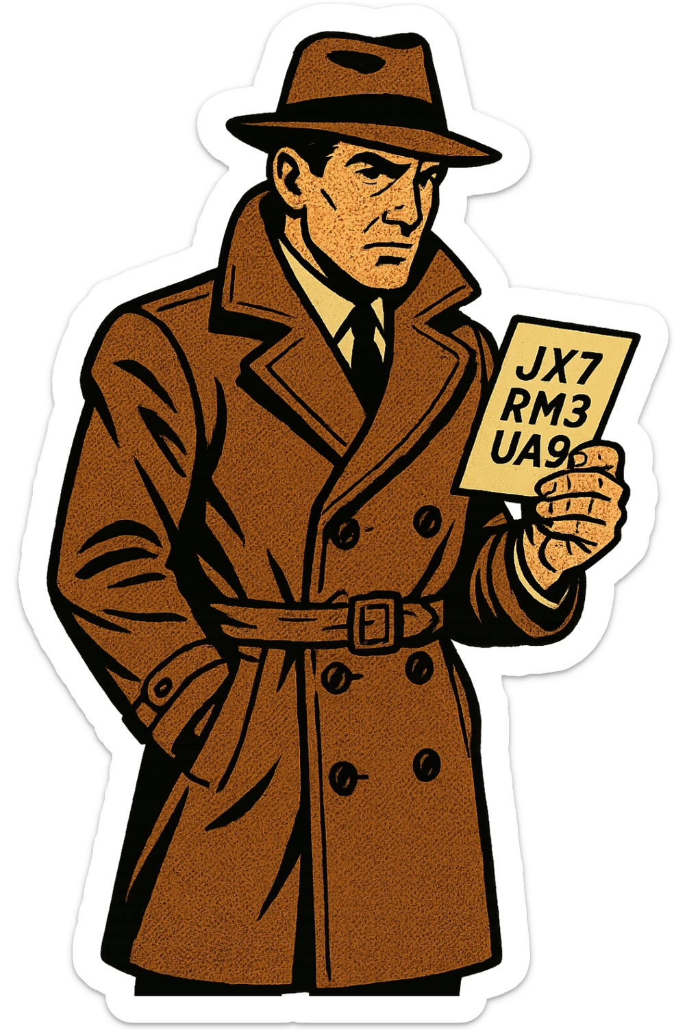 A full body of a secret US spy from the 1950s wearing a brown overcoat and holding a piece of paper with a secret code written on it sticker