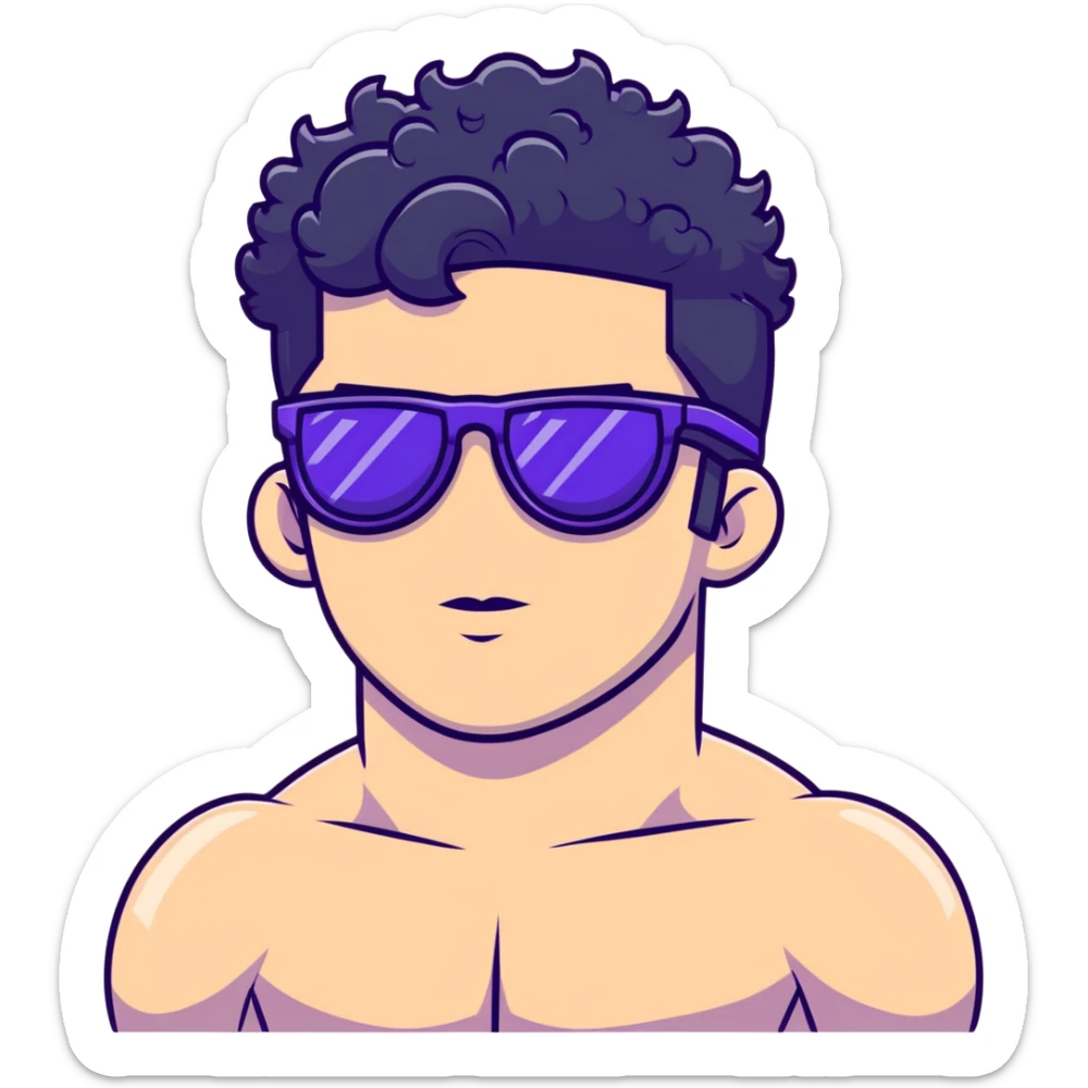 shirtless male athlete with white skin and moderately curly black hair on top with shaved sides, wearing purple sunglasses with black tinted lenses sticker