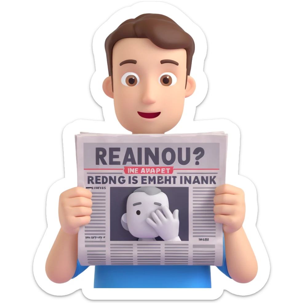a person holding a newspaper up to their face as if reading, only hands and newspaper visible, 3d animation style sticker