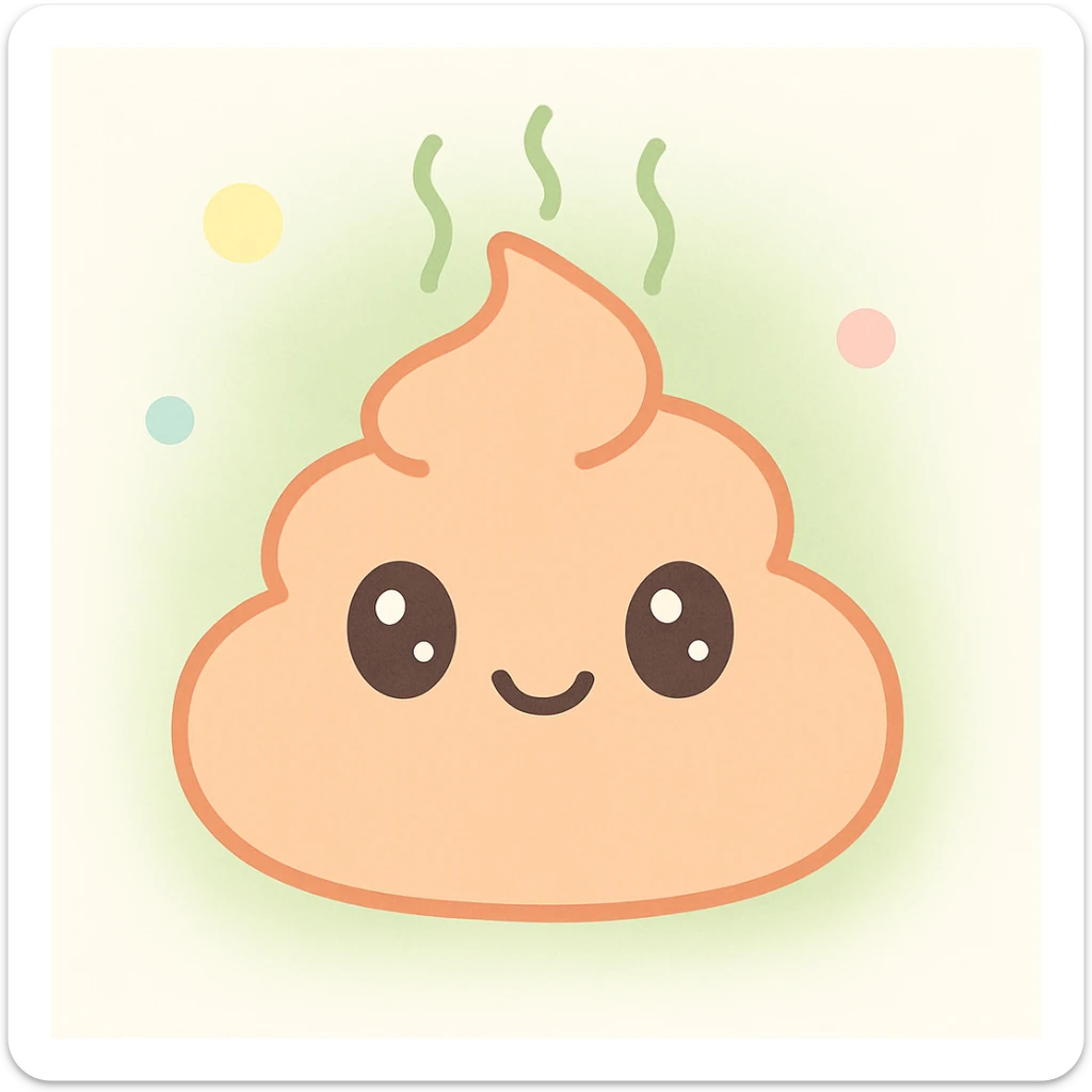 Make a kawaii style poop emoji look stinky by adding green stink lines and a slight haze around it, while keeping the cute smiling face and pastel colors intact. sticker