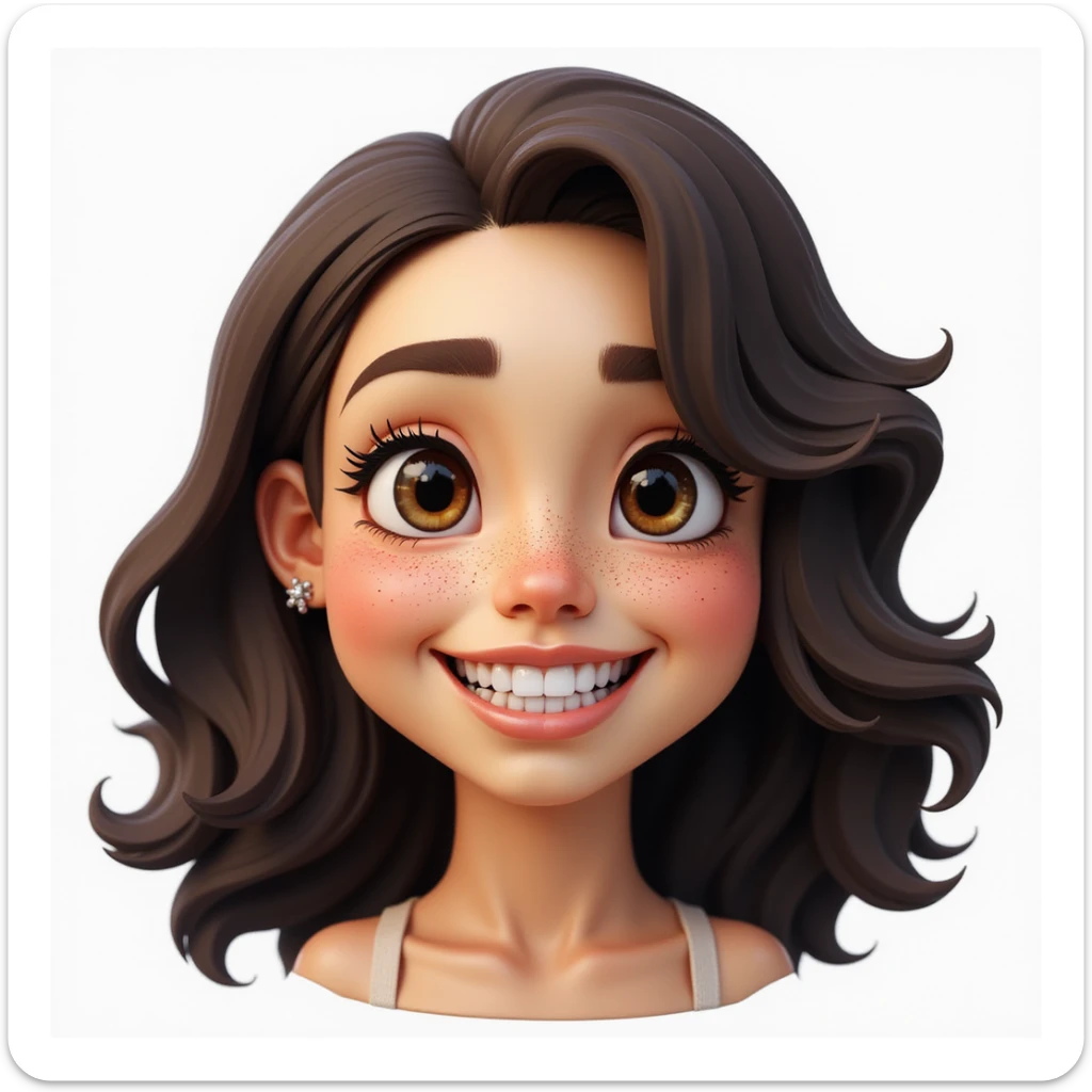 realistic emoji of a woman with dark curly shoulder-length hair, smiling broadly with visible teeth, expressive almond-shaped eyes, freckles, smooth glowing skin, friendly calm demeanor sticker