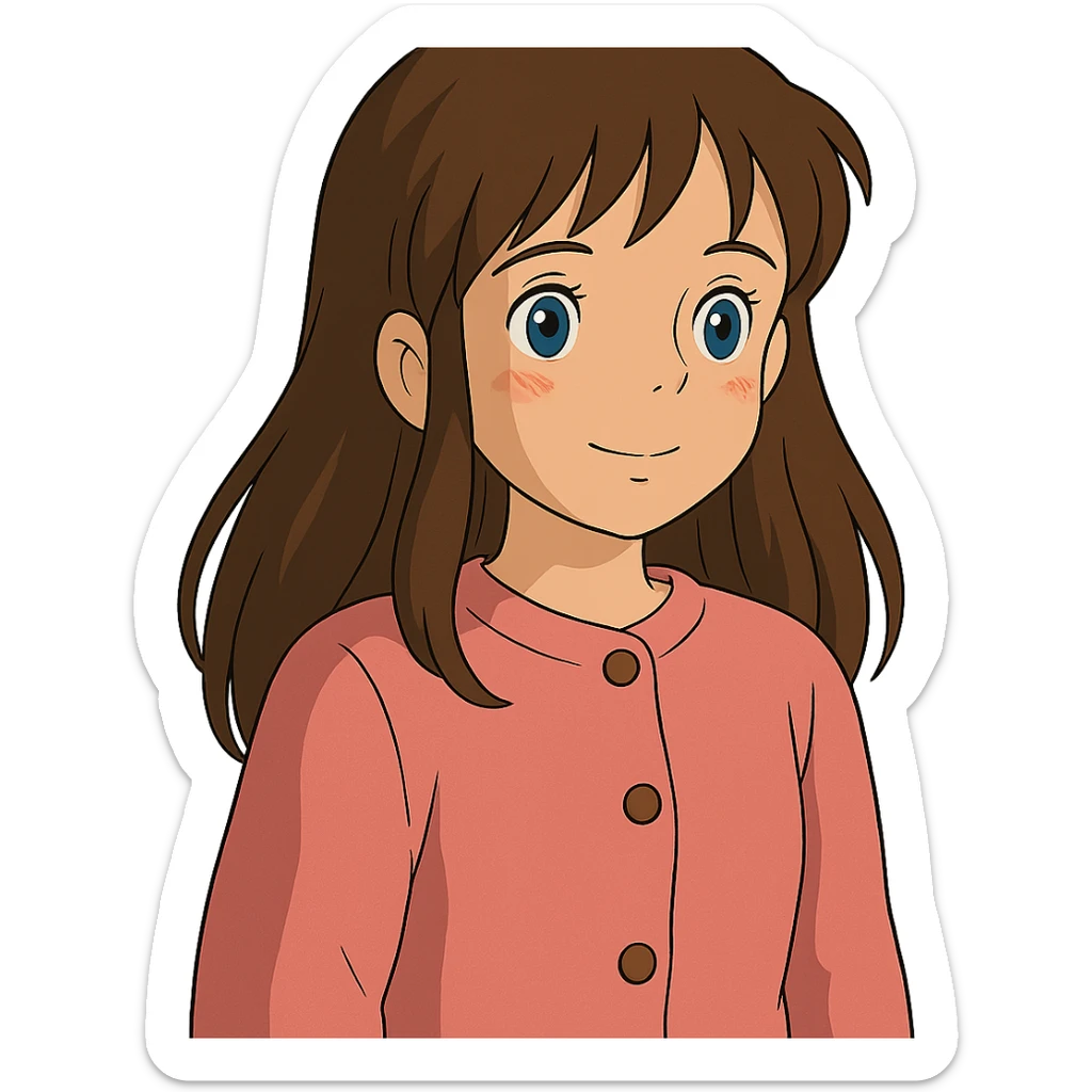 ghibli style cute girl with long brown hair and blue eyes, wearing a pink cardigan with buttons sticker
