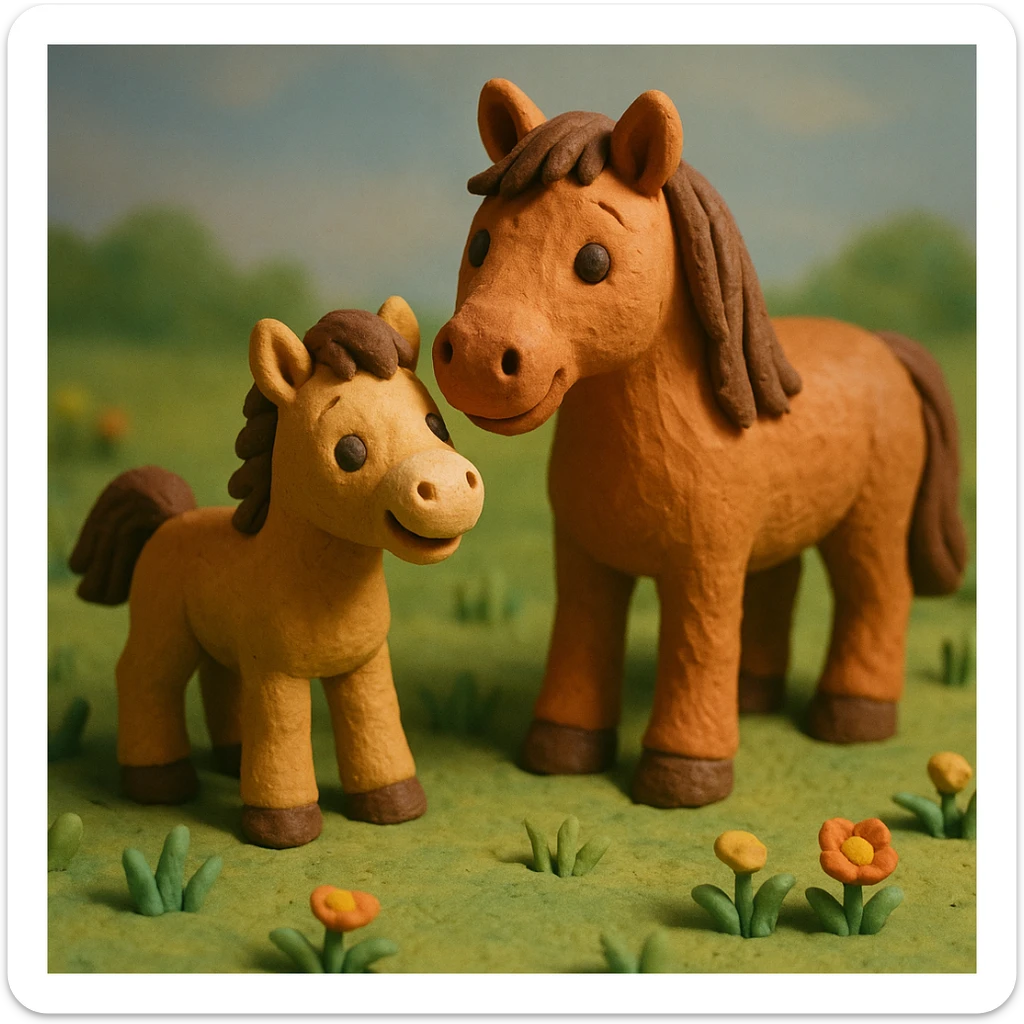 foal and mare together, cute and cheerful, detailed fur, in a grassy meadow, claymation style sticker