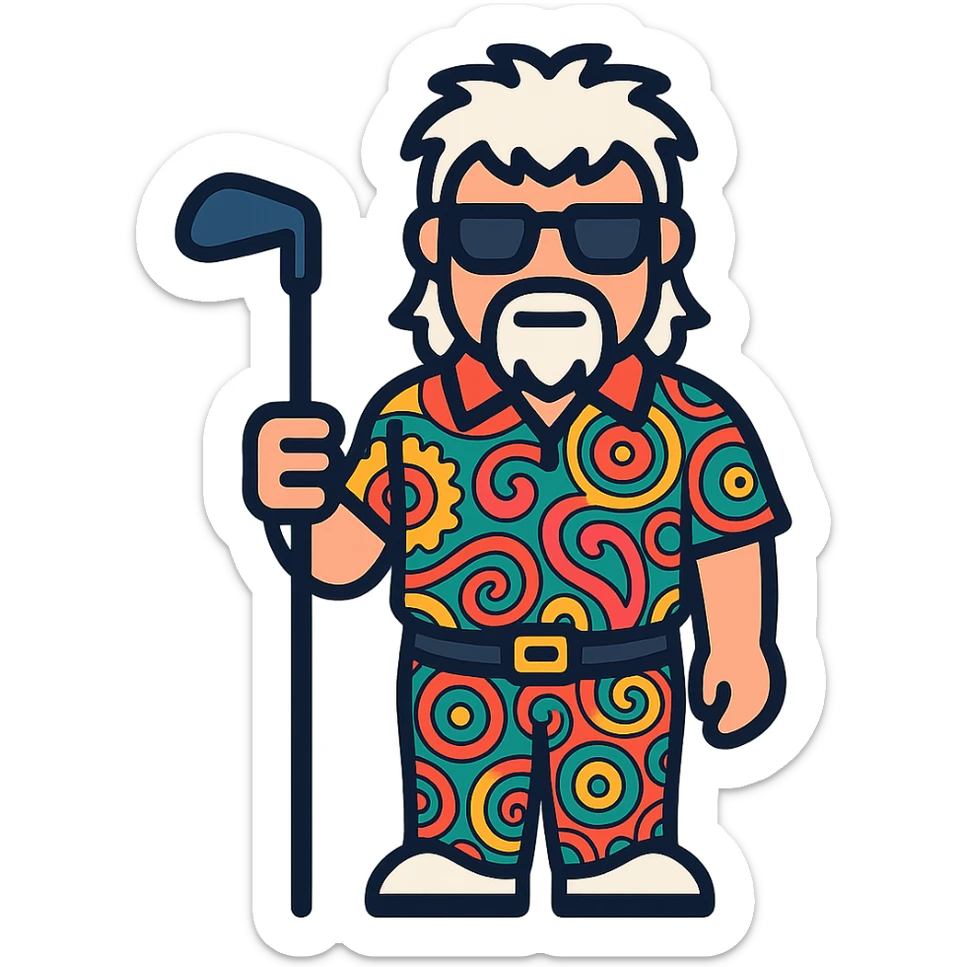 Convert the image of John Daly into a true emoji/icon style with simplified, bold lines and clear facial features. Depict him with a white spiky mullet, sunglasses, and a goatee. Dress him in a colorful patterned golf shirt and pants, holding a golf club. Use a transparent background. sticker