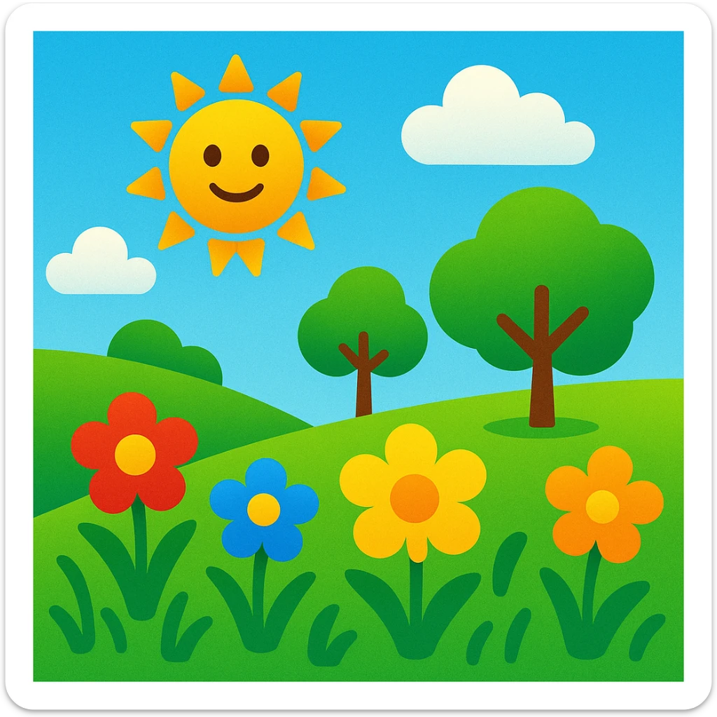 sunny landscape with trees and flowers, bright and cheerful, colorful, simple shapes, emoji style inspiration sticker