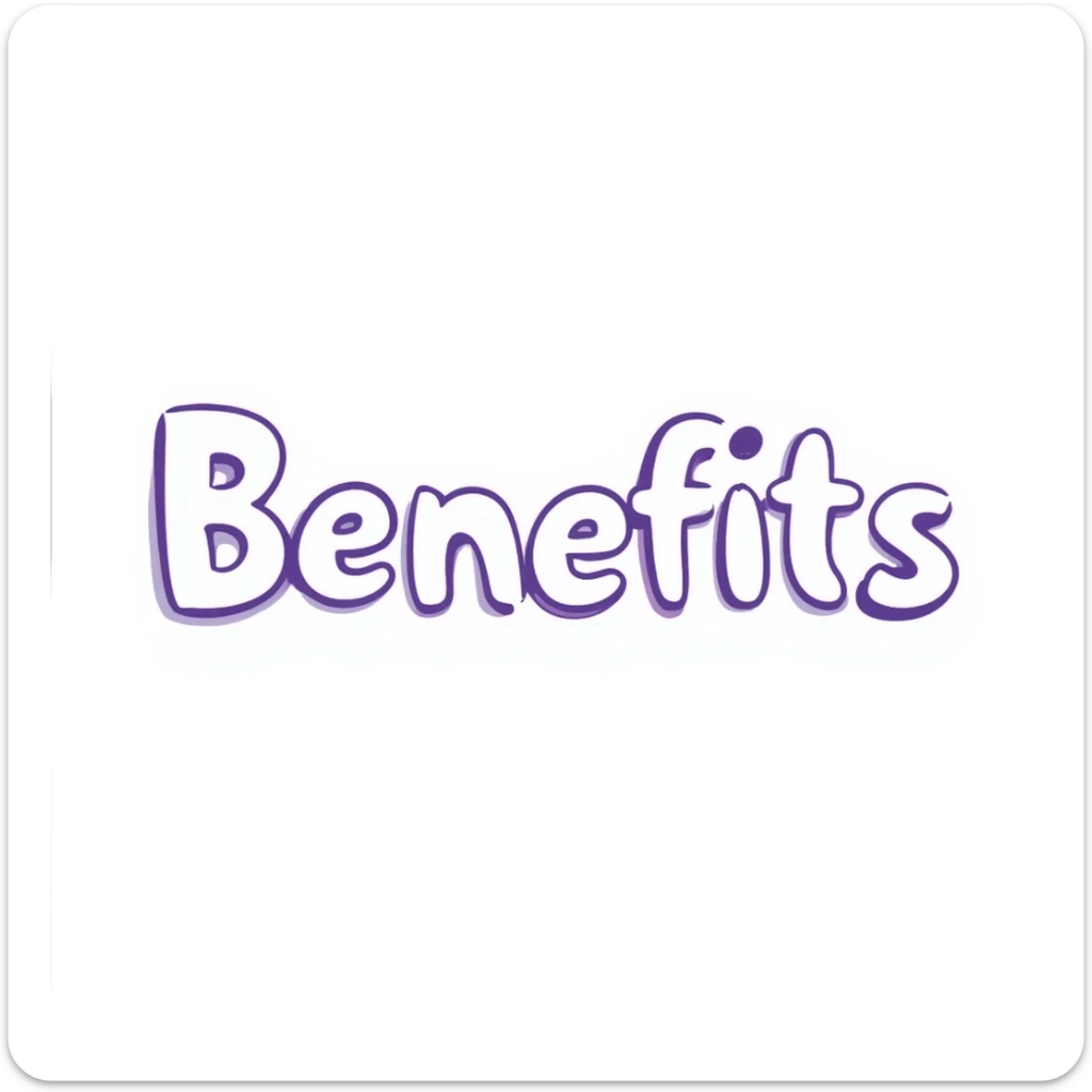 The word "Benefits" hand-drawn in white text with a few purple and blue color accents. Simple doodle style with clean design. sticker
