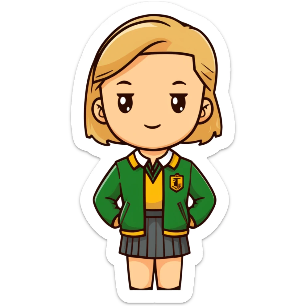 girl in a school uniform wearing a green polo, beige skirt, grey zipper jacket sticker