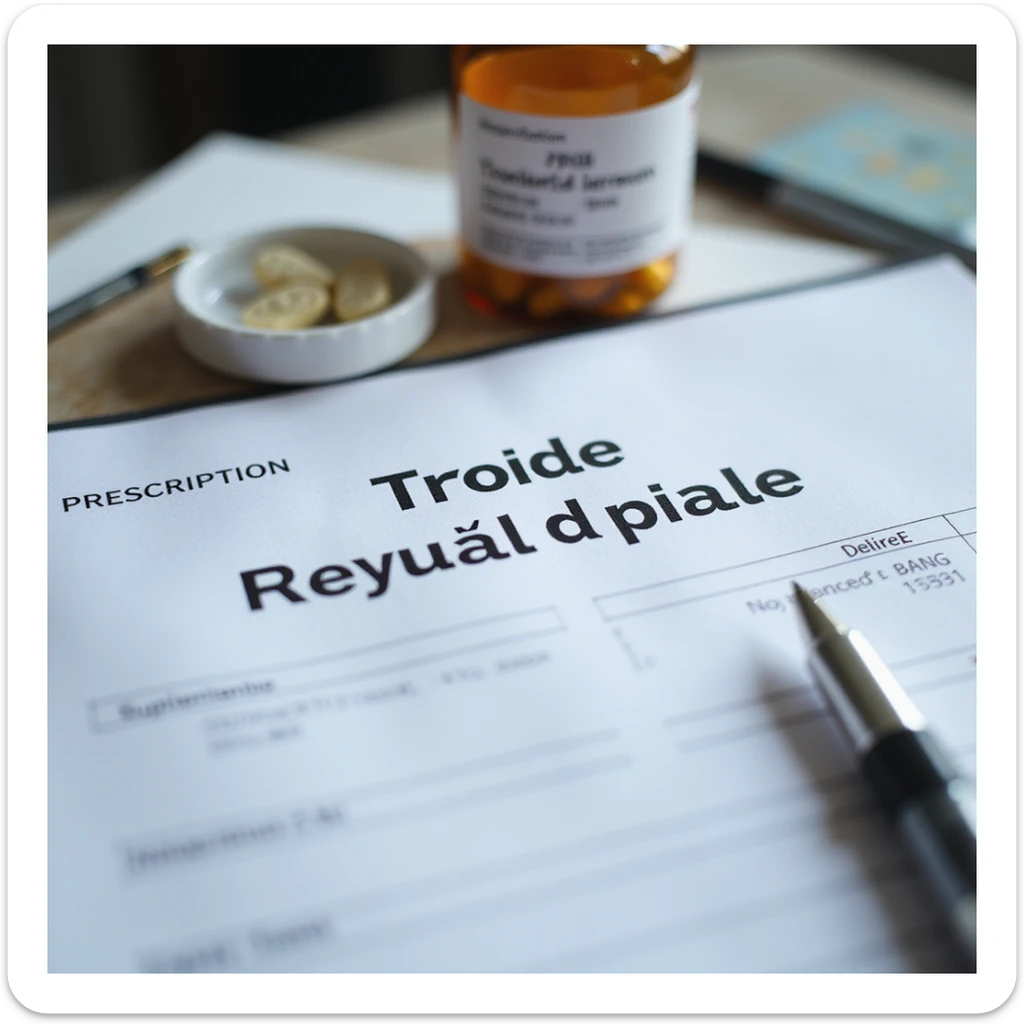 hyperrealistic 4K close-up of a medical prescription on a desk with the highlighted text 'Tiroide secca di maiale', next to a pen and a supplement jar sticker