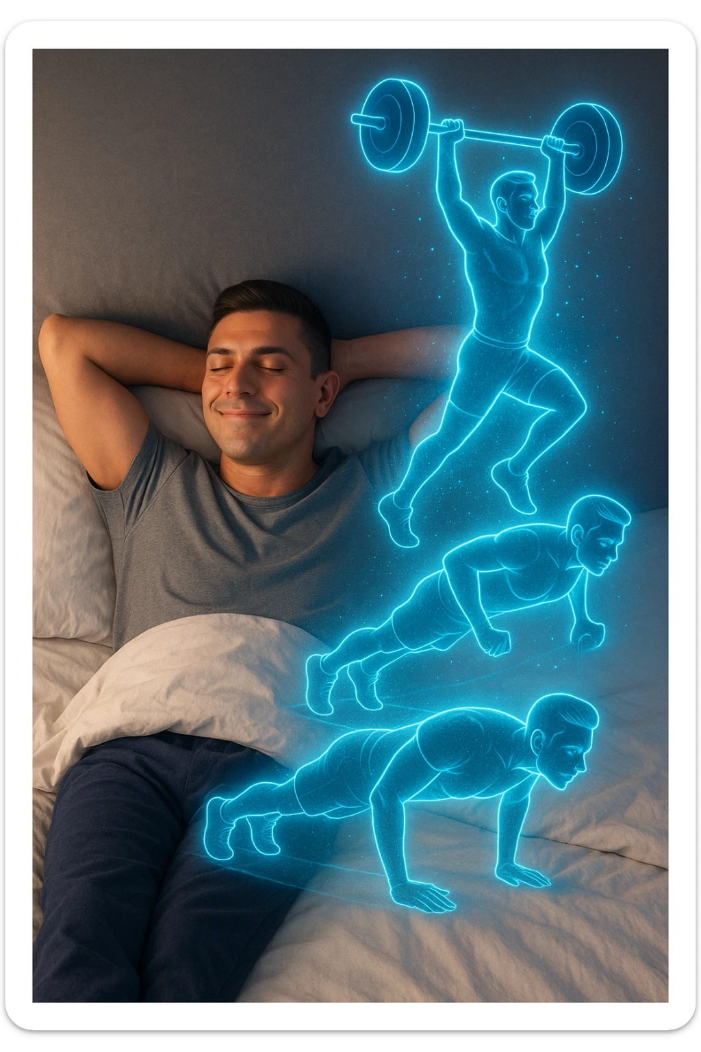 "Un uomo rilassato sdraiato a letto (in pigiama o biancheria intima), con gli occhi chiusi e un sorriso soddisfatto. Dal suo corpo si stacca un doppio olografico luminoso (il suo 'sé visualizzato') che invece sta facendo esercizio fisico con energia: solleva pesi, corre su un tapis roulant invisibile o fa flessioni a mezz'aria. sticker