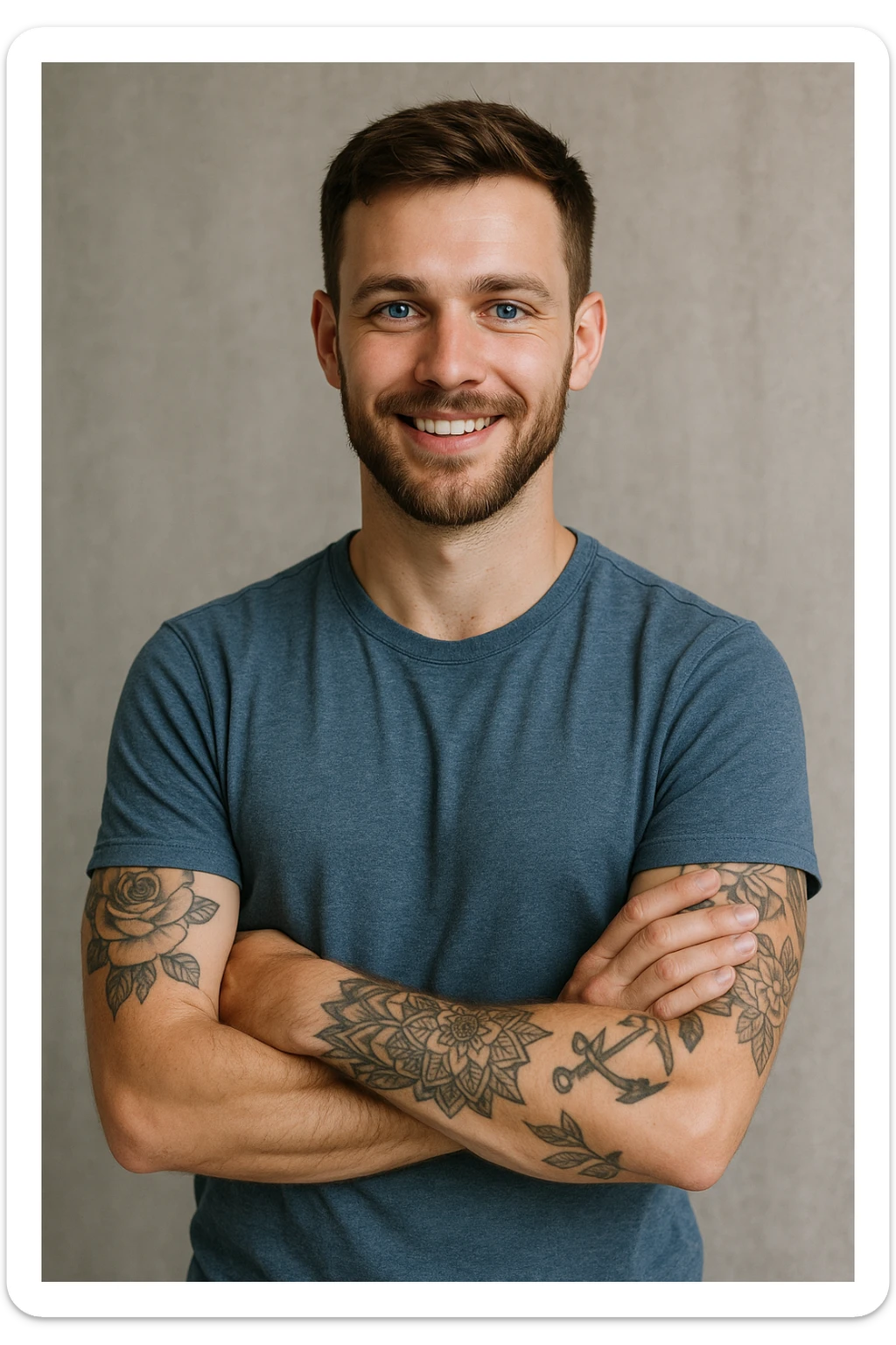 A young man, 25, blue eyes, brown hair, short beard, arms crossed, smiling confidently, with tattoos on his left arm. sticker